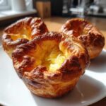 Close-up of three golden brown, puffed Yorkshire pudding items sitting on a white plate.