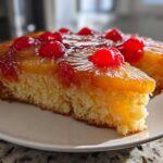 A moist slice of pineapple upside down cake topped with caramelized pineapple rings and maraschino cherries.