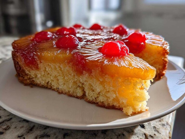Amazing pineapple upside down cake in 1 easy step A moist slice of pineapple upside down cake topped with caramelized pineapple rings and maraschino cherries.