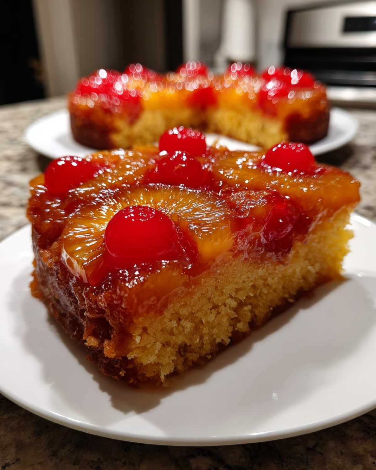 Close-up of a moist slice of pineapple upside down cake topped with caramelized pineapple and maraschino cherries.