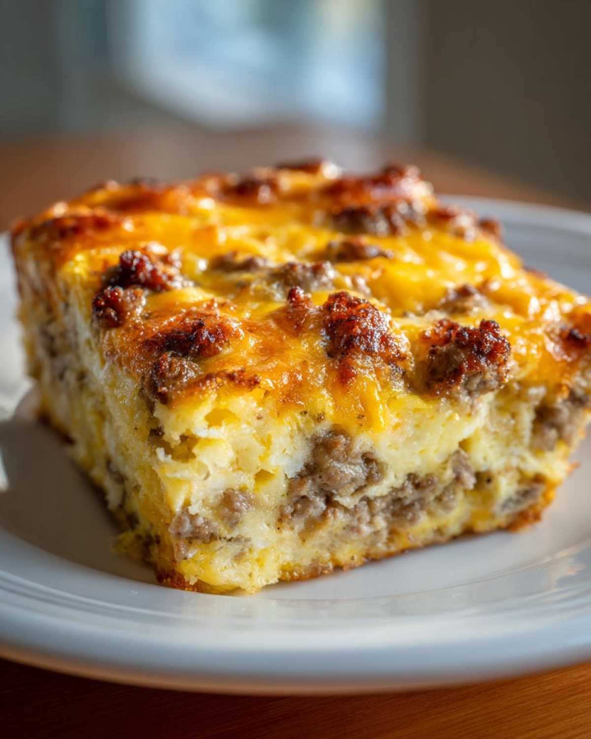 A square slice of savory sausage and cheese egg bake served on a white plate.