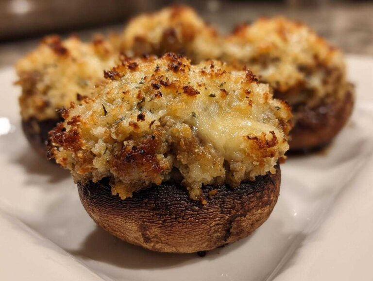 Close-up of baked Sausage stuffed mushrooms featuring a golden, cheesy, and crispy breadcrumb topping.