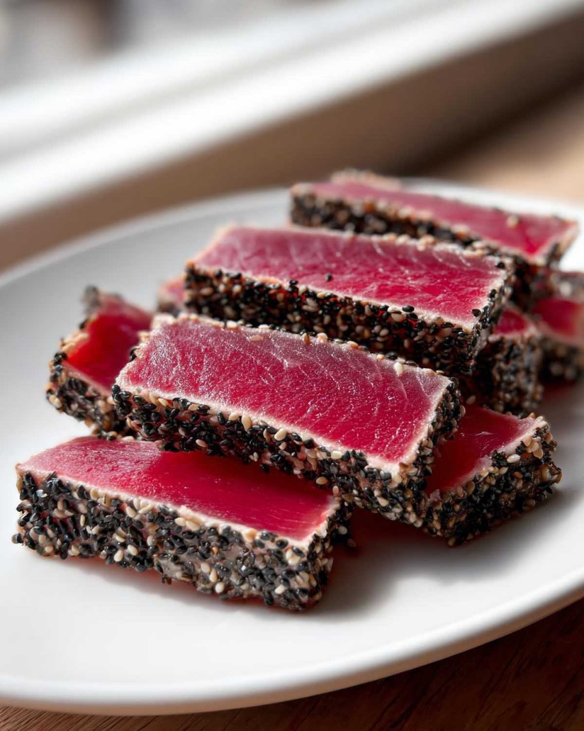 Slices of perfectly seared Ahi Tuna crusted with black and white sesame seeds on a white plate.