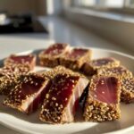 Slices of perfectly Seared Ahi Tuna coated in sesame seeds, showing a deep red raw center.
