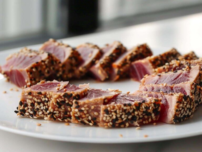 Seared Ahi Tuna: 4-Min Amazing Crust Slices of perfectly Seared Ahi Tuna, crusted with black and white sesame seeds, arranged on a white plate.