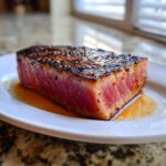 Close-up of a thick, seared tuna steak showing a rare center, resting in its marinade juices.