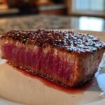 Close-up of a seared tuna steak, rare in the center, resting on a white plate, showcasing the MARINADE FOR TUNA STEAK crust.