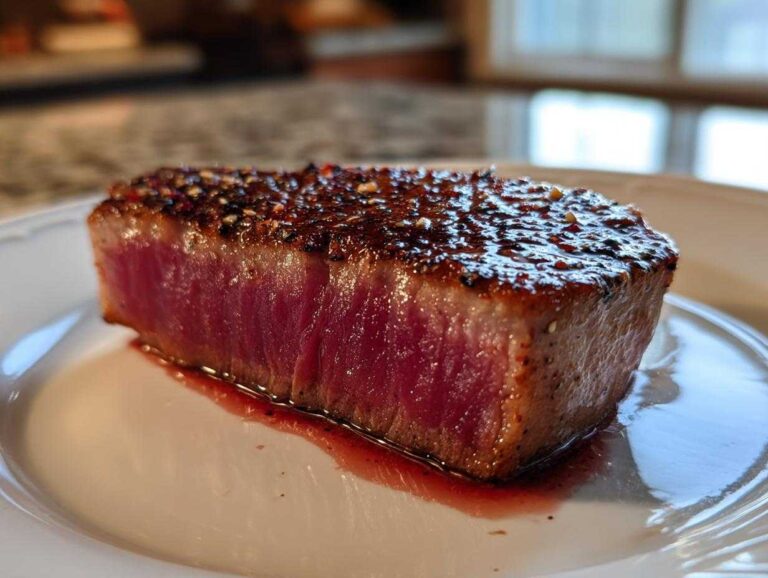 3 MARINADE FOR TUNA STEAK Secrets Revealed Close-up of a seared tuna steak, rare in the center, resting on a white plate, showcasing the MARINADE FOR TUNA STEAK crust.