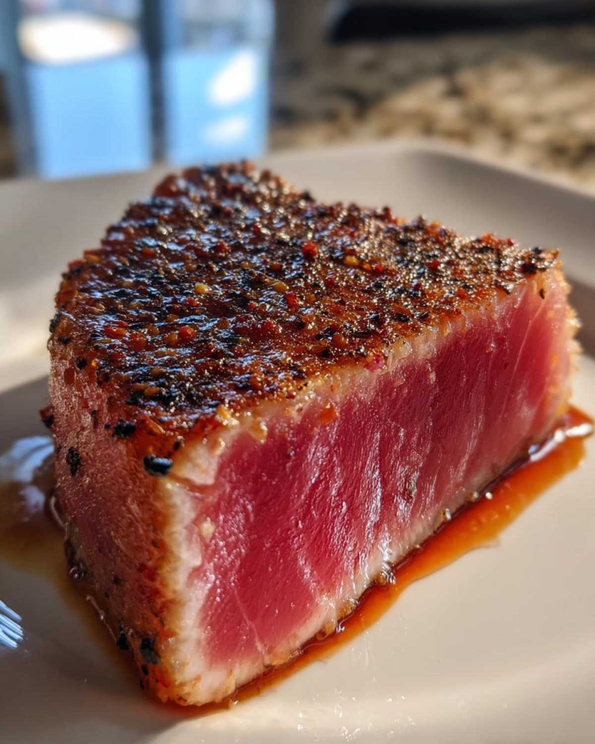 Close-up of a seared tuna steak, rare in the center, coated in a dark spice rub, resting in its juices.