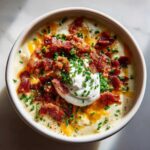 Overhead view of a bowl of creamy Loaded Baked Potato Soup topped with bacon, sour cream, and fresh chives.