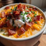 A close-up of a mug filled with creamy Loaded Baked Potato Soup, topped with shredded cheddar, bacon bits, sour cream, and chives.