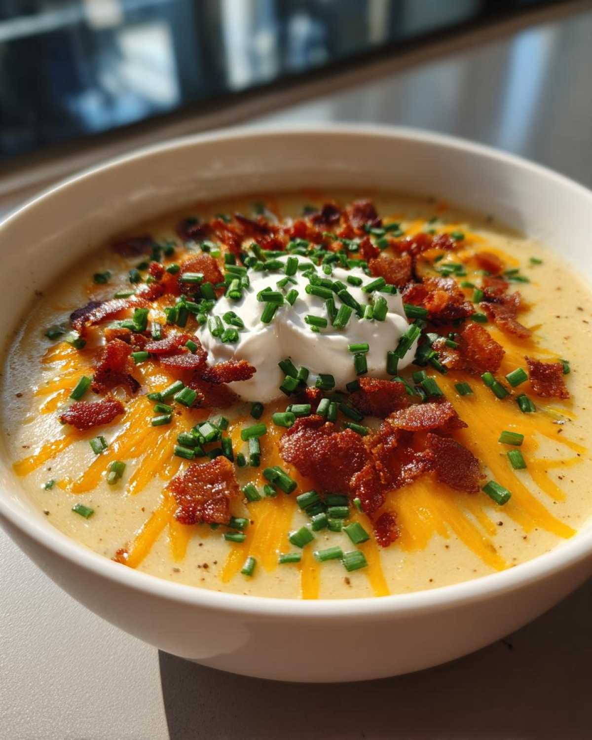 A close-up of a bowl of silky Loaded Baked Potato Soup topped with sour cream, cheddar cheese, bacon, and chives.