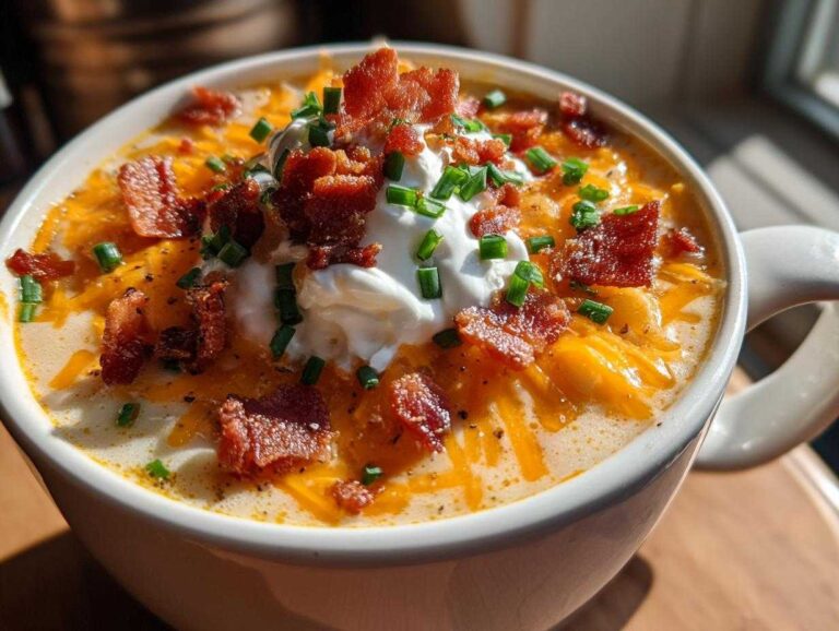 Guaranteed 1 Silky Loaded Baked Potato Soup A close-up of a mug filled with creamy Loaded Baked Potato Soup, topped with shredded cheddar, bacon bits, sour cream, and chives.