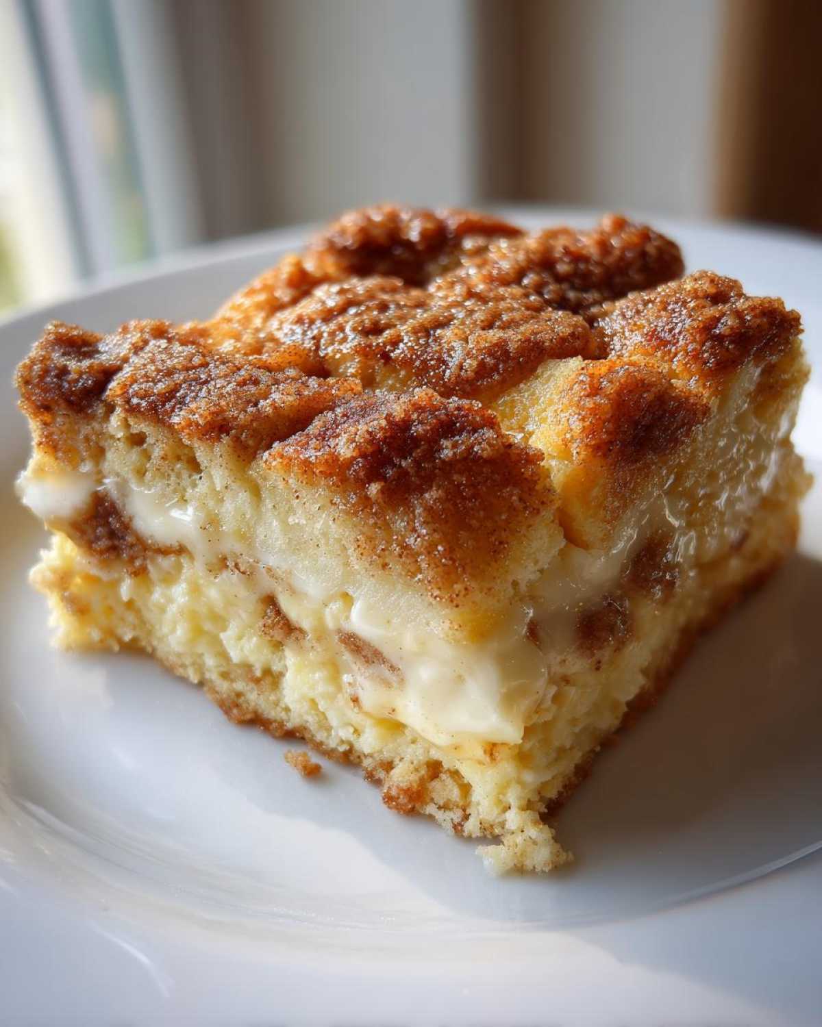 A close-up of a square slice of baked french toast casserole with a creamy center and cinnamon streusel topping.