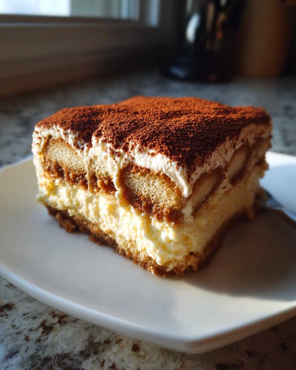 A rich slice of tiramisu recipe showing layers of cream, coffee-soaked ladyfingers, and a dusting of cocoa powder.