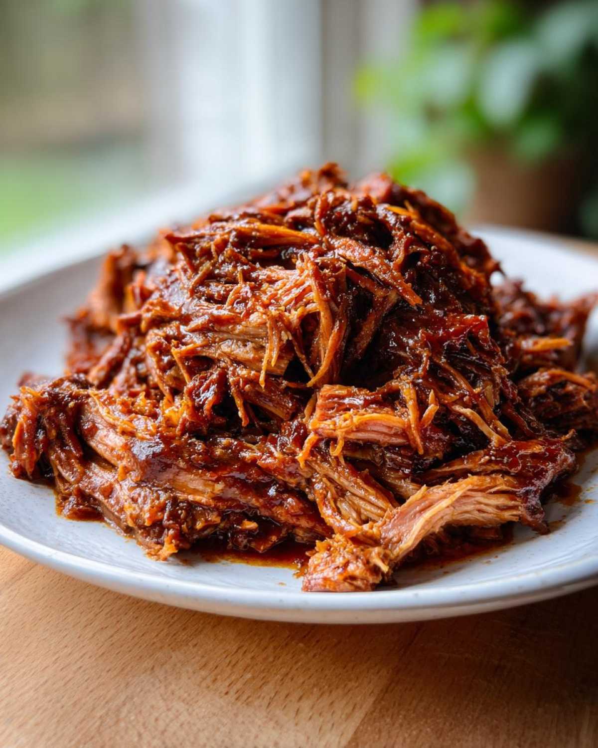 A close-up of tender, saucy Slow Cooker Pulled Pork piled high on a white plate.