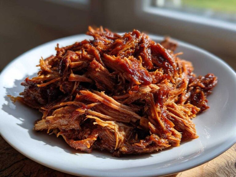 A mound of saucy, shredded Slow Cooker Pulled Pork piled high on a white plate, catching bright sunlight.