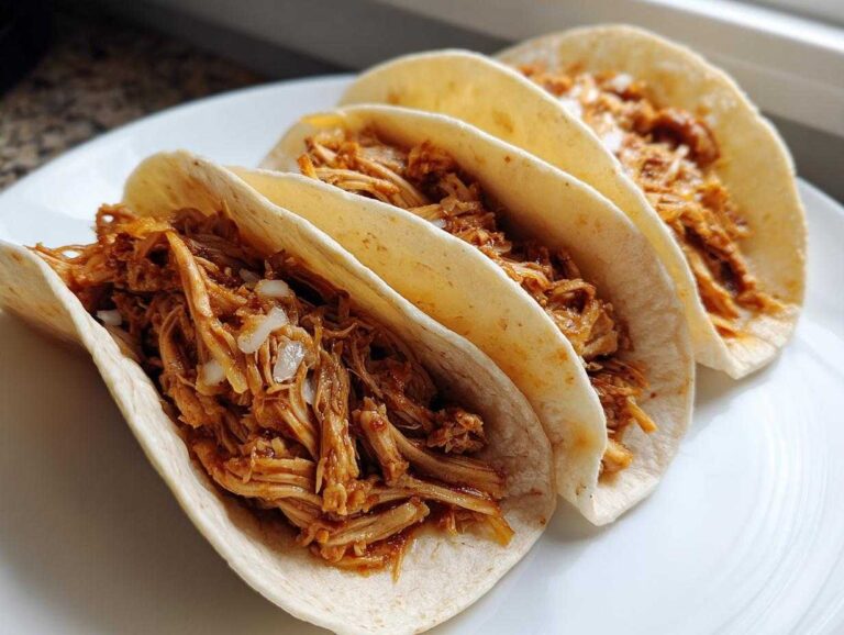 Close-up of three soft tortilla chicken tacos filled with shredded, saucy chicken and onions.
