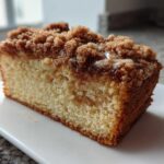 Close-up of a moist slice of sour cream coffee cake featuring a thick cinnamon streusel topping and light glaze.