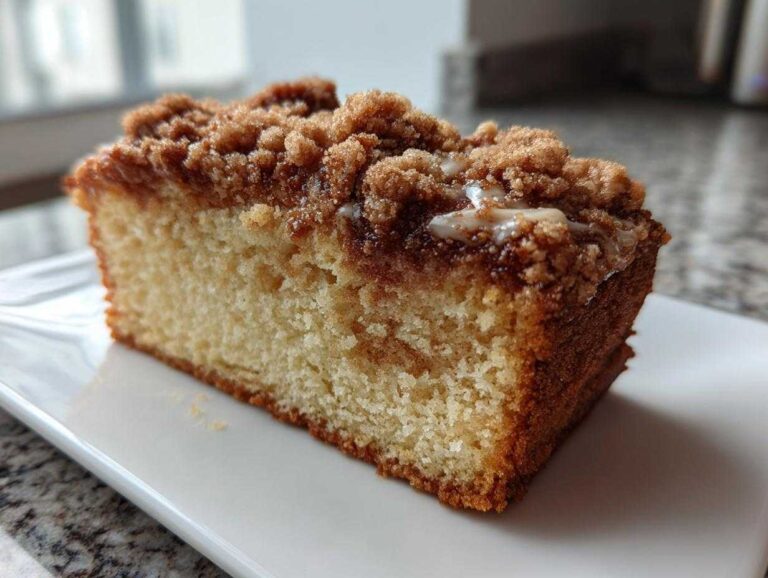 Close-up of a moist slice of sour cream coffee cake featuring a thick cinnamon streusel topping and light glaze.