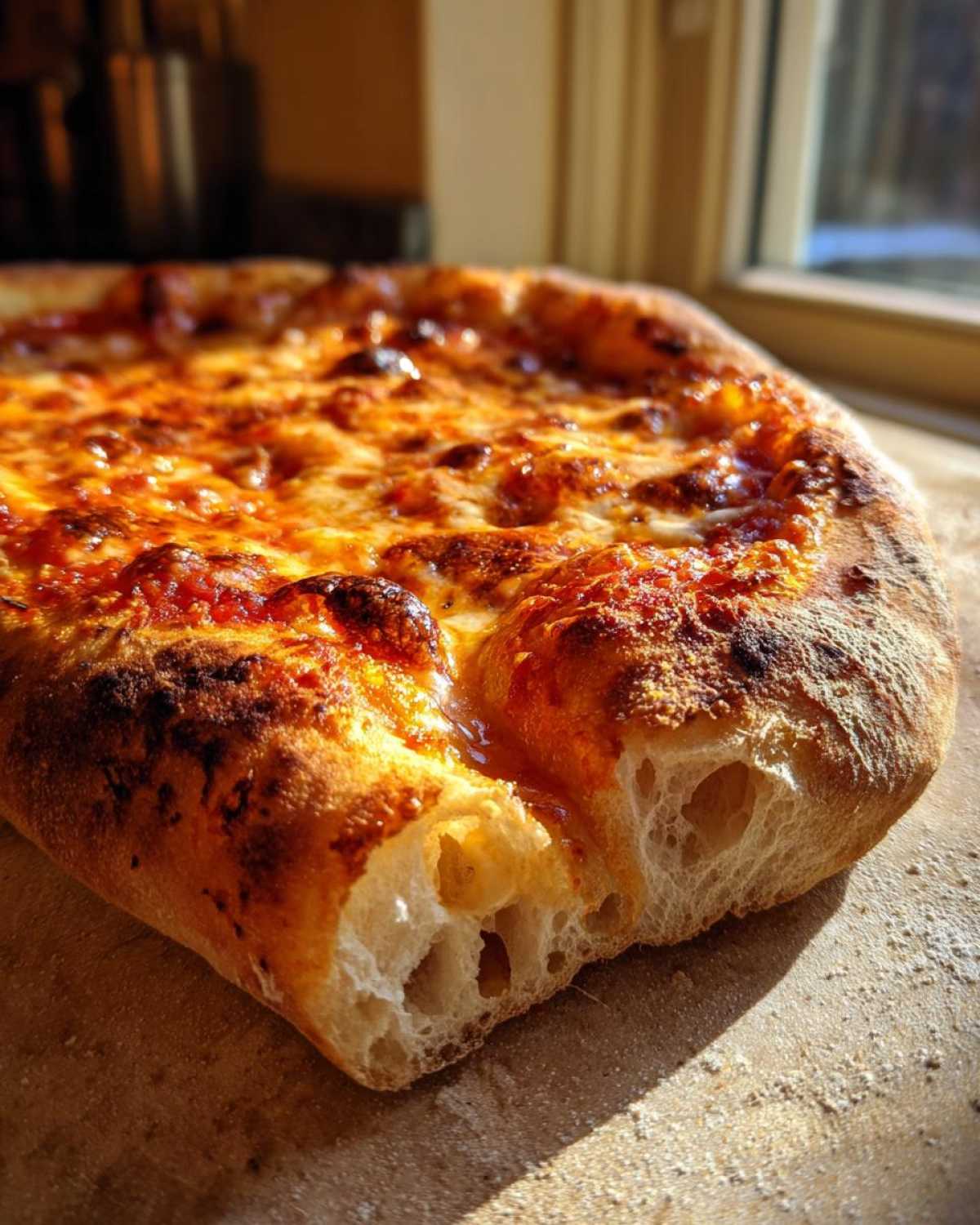 Close-up of a baked pizza showing a bubbly, charred crust and open crumb made from sourdough discard pizza dough.