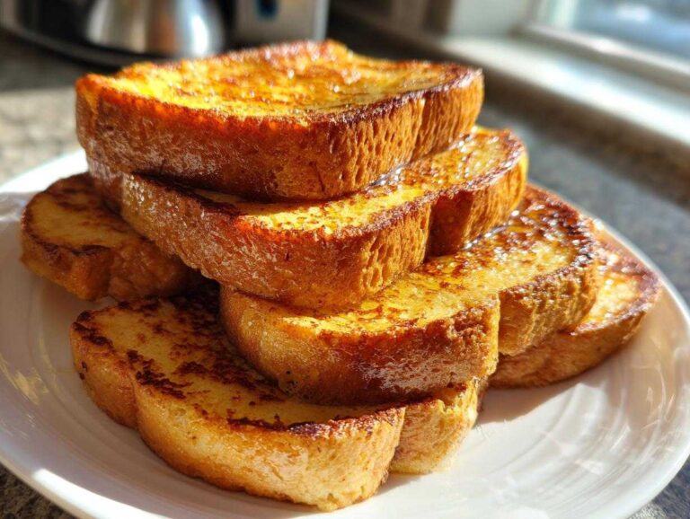 A tall stack of golden brown, syrup-drizzled easy french toast slices piled high on a white plate.