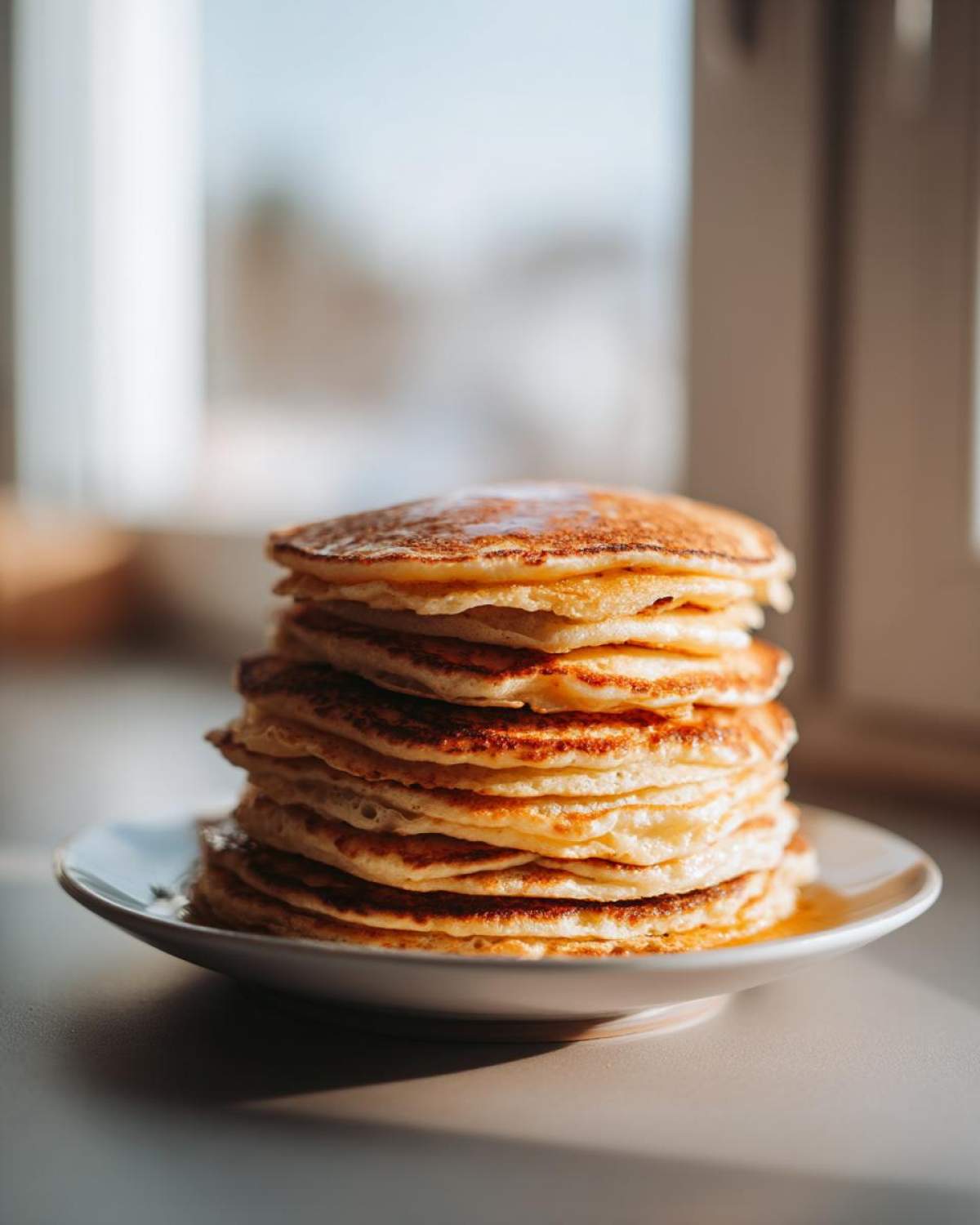 A tall stack of golden brown fluffy pancakes drizzled with syrup sitting on a small white plate.