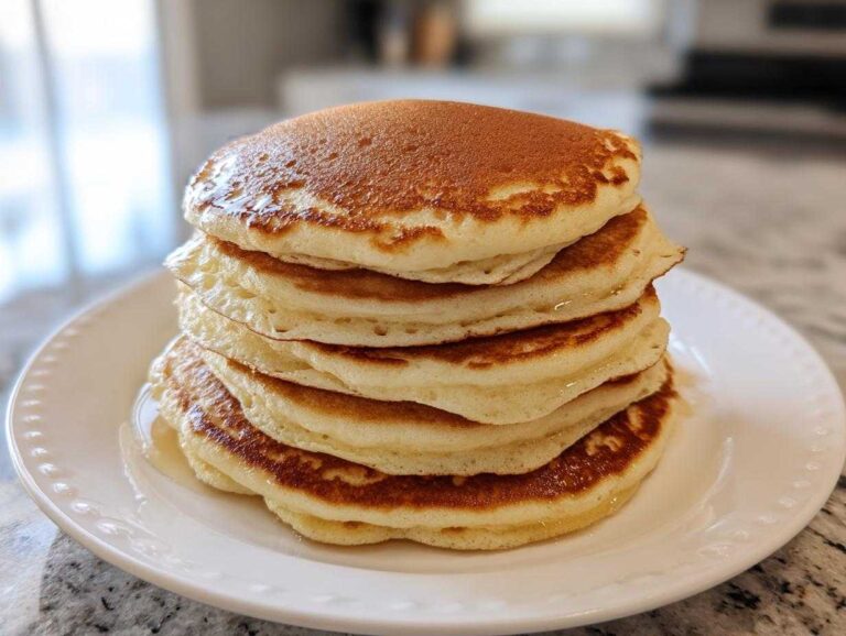 A tall stack of five perfectly golden brown fluffy pancakes drizzled lightly with syrup on a white plate.