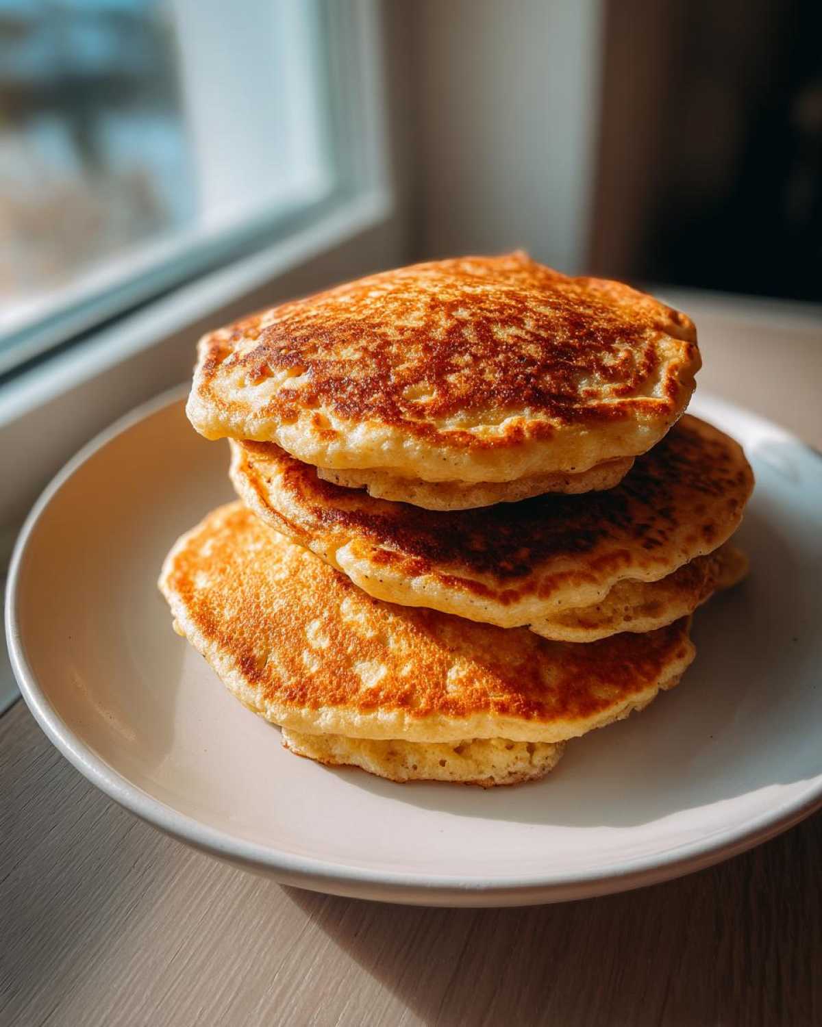 A stack of four fluffy, golden-brown almond flour pancakes served on a light plate near a window.