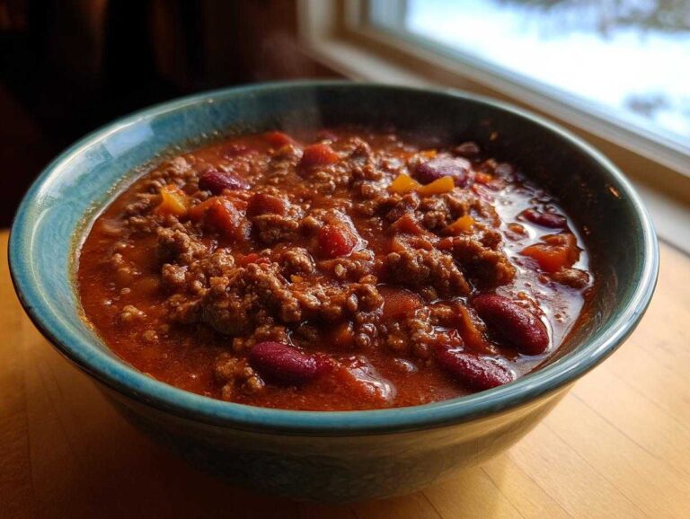 Close-up of a steaming bowl of rich, hearty crockpot chili featuring ground beef and kidney beans.