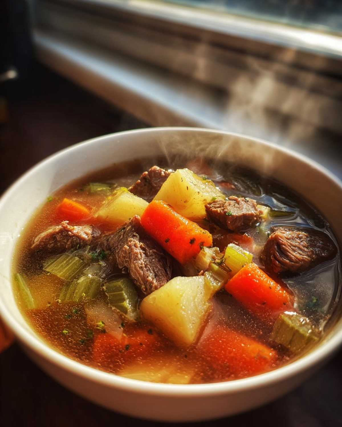 Close-up of a steaming white bowl filled with rich broth, chunks of beef, carrots, potatoes, and celery in this delicious vegetable beef soup.