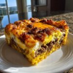 A golden brown slice of tater tot breakfast casserole with layers of egg, sausage, and melted cheese.