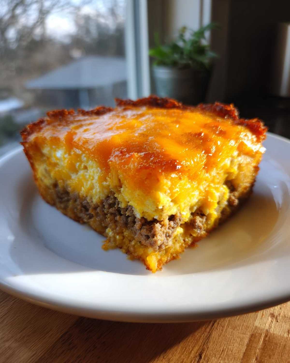 A single serving slice of tater tot breakfast casserole topped with melted cheddar cheese, showing layers of meat and potatoes.