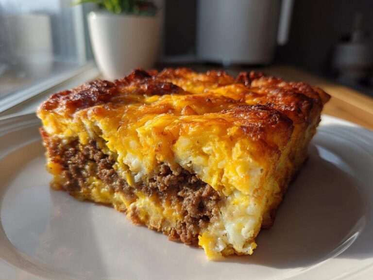 Amazing 8-ingredient tater tot breakfast casserole A thick, golden slice of tater tot breakfast casserole with layers of sausage, egg, and melted cheese.
