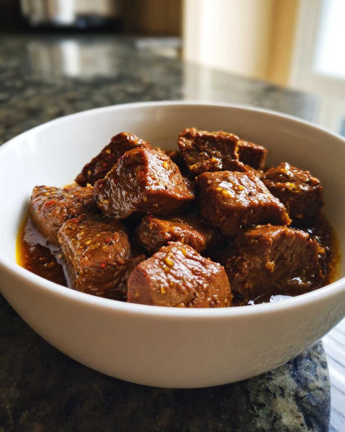 Close-up of tender, saucy chunks of crockpot steak served in a white bowl.