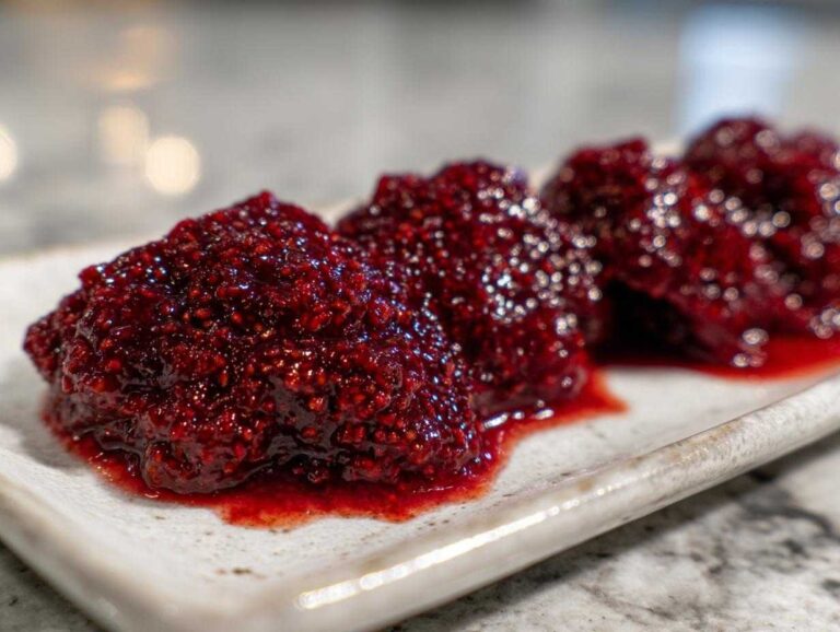 Close-up of three dollops of thick, glossy, deep red raspberry jam with visible seeds on a light-colored rectangular plate.