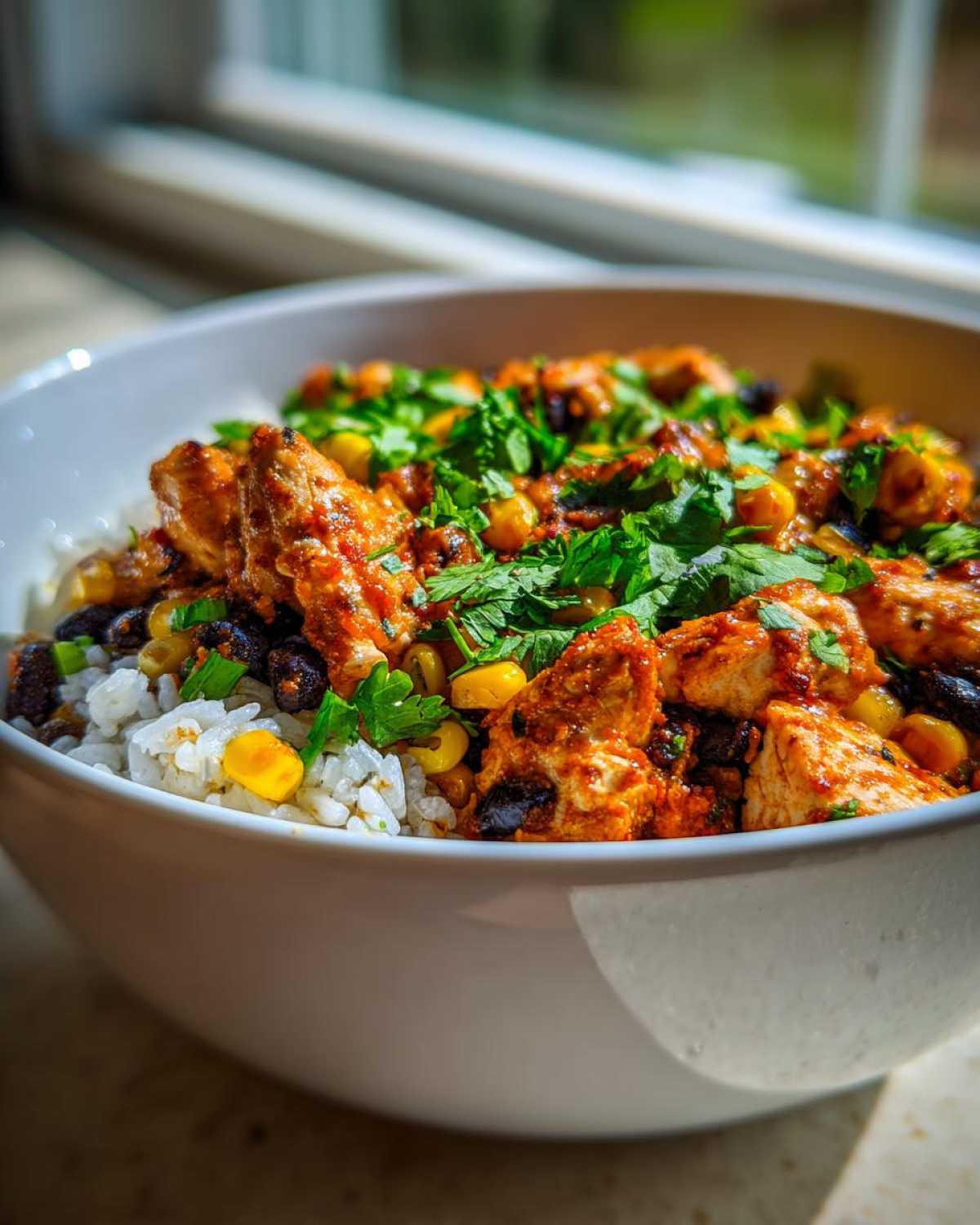 Close-up of a vibrant chicken burrito bowl featuring seasoned chicken, black beans, corn, white rice, and fresh cilantro.