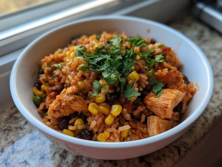 A white bowl filled with a vibrant chicken burrito bowl featuring seasoned rice, chicken chunks, corn, and black beans, topped with fresh cilantro.