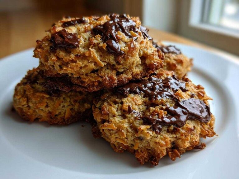 A stack of golden brown almond joy cookies topped with melted dark chocolate, resting on a white plate.
