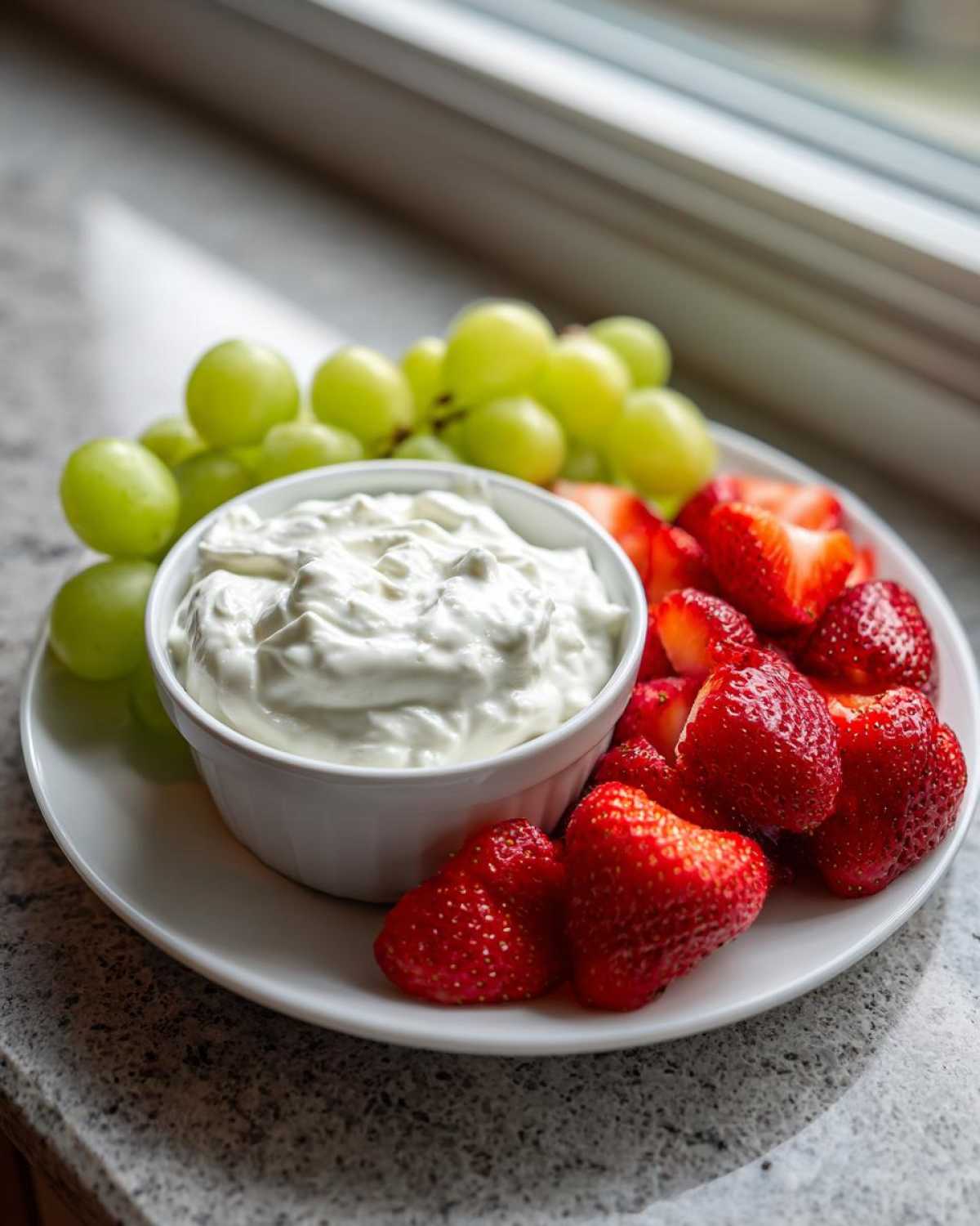 A white bowl of creamy fruit dip served with fresh strawberries and green grapes on a white plate.
