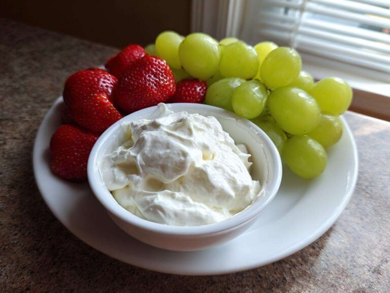 A bowl of creamy white fruit dip served on a white plate alongside fresh strawberries and green grapes.