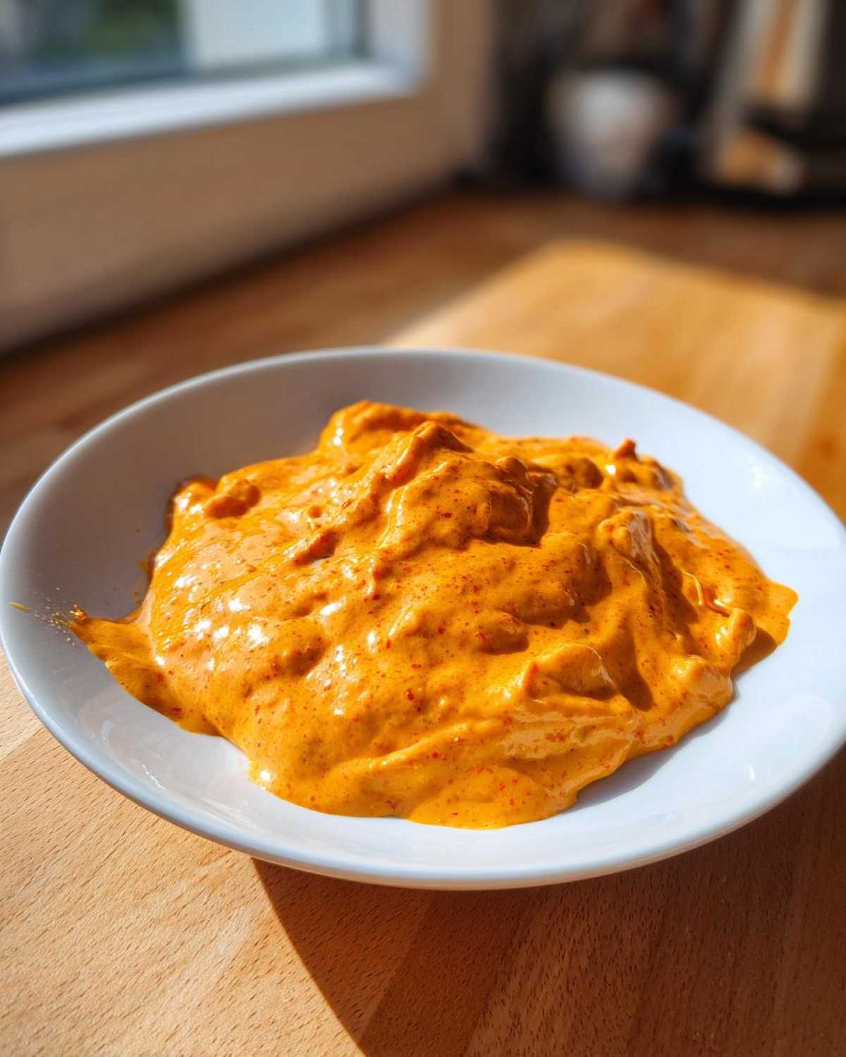 A white bowl filled with thick, vibrant orange nacho cheese sauce, sitting on a wooden surface in bright sunlight.