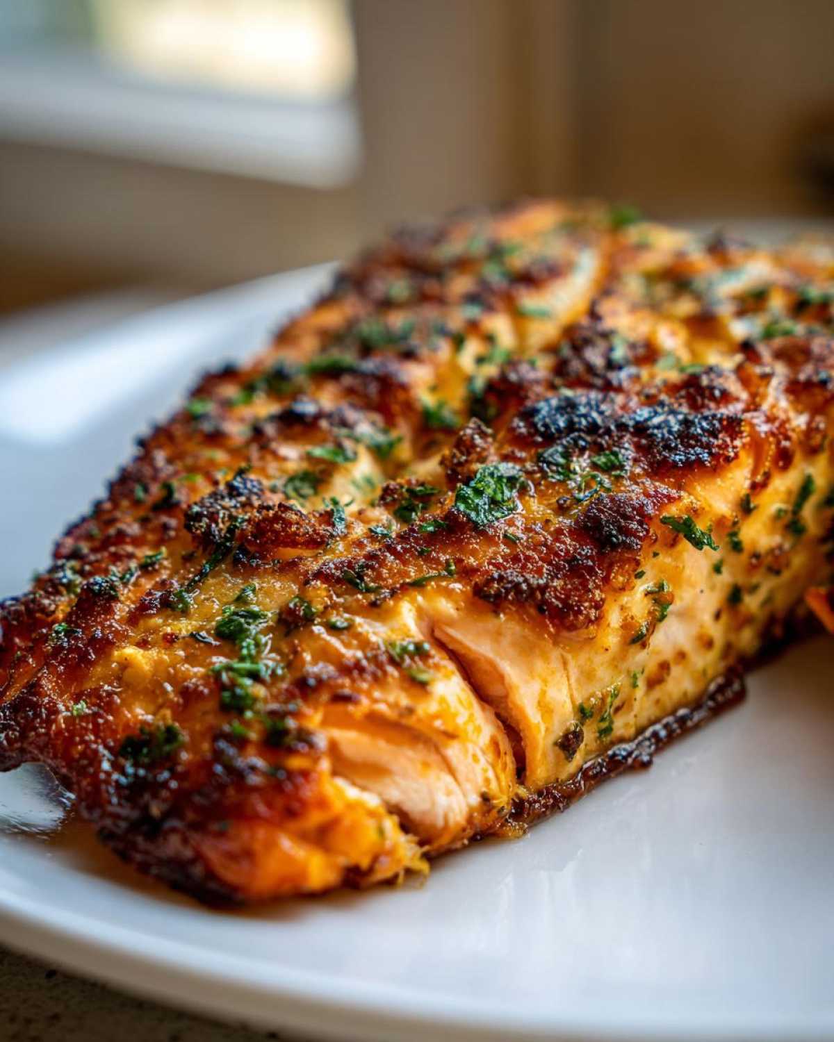Close-up of a beautifully seasoned and cooked piece of air fryer salmon topped with chopped parsley.