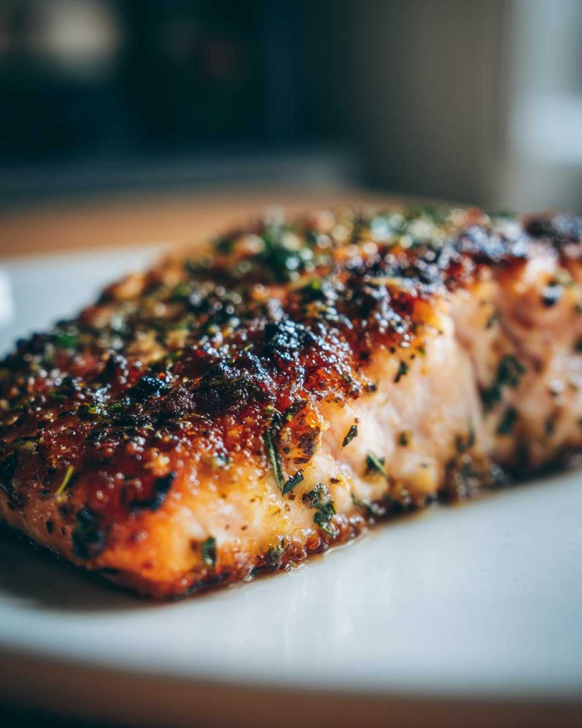 Close-up of a perfectly cooked, seasoned air fryer salmon fillet with a caramelized, herbed crust.