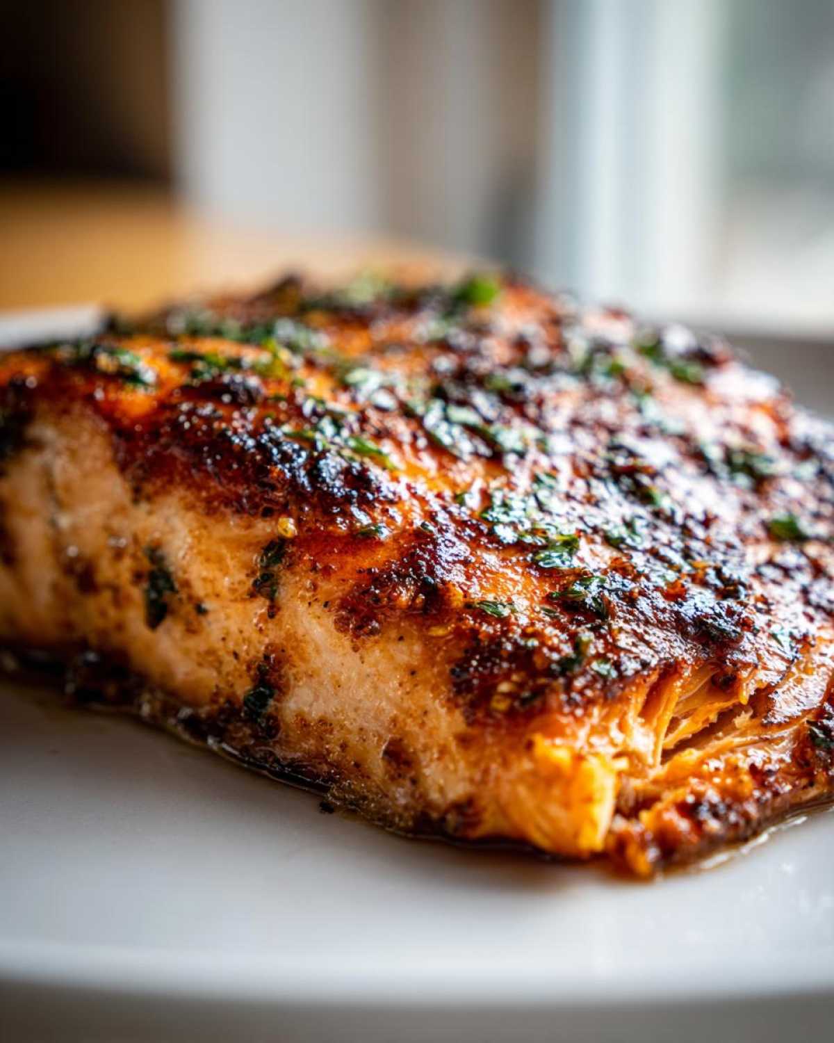 Close-up of a beautifully seasoned and cooked fillet of air fryer salmon resting on a white plate.