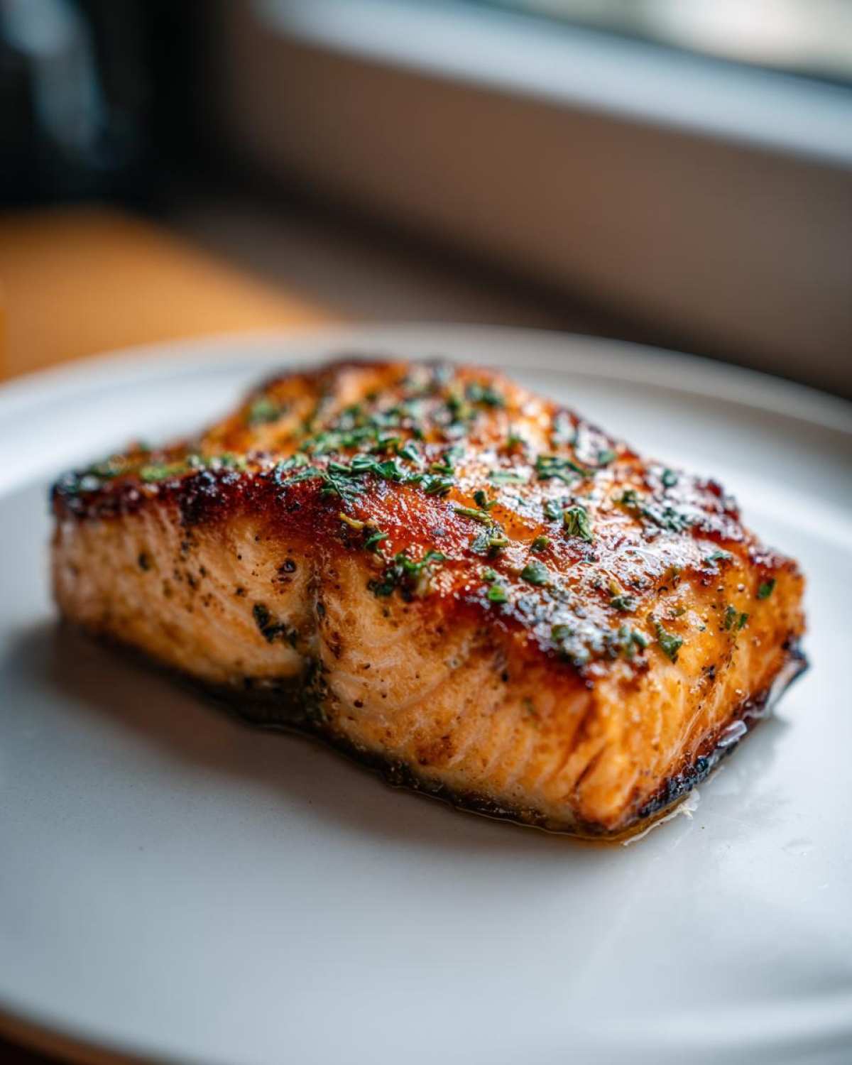 A close-up of a perfectly cooked, glazed air fryer salmon fillet topped with fresh herbs on a white plate.