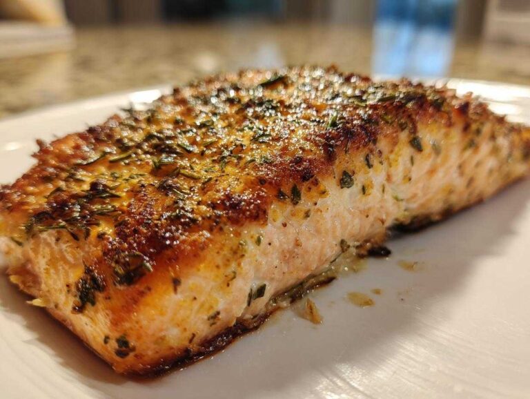 Close-up of a flaky, seasoned air fryer salmon fillet with a crispy, herb-crusted top resting on a white plate.