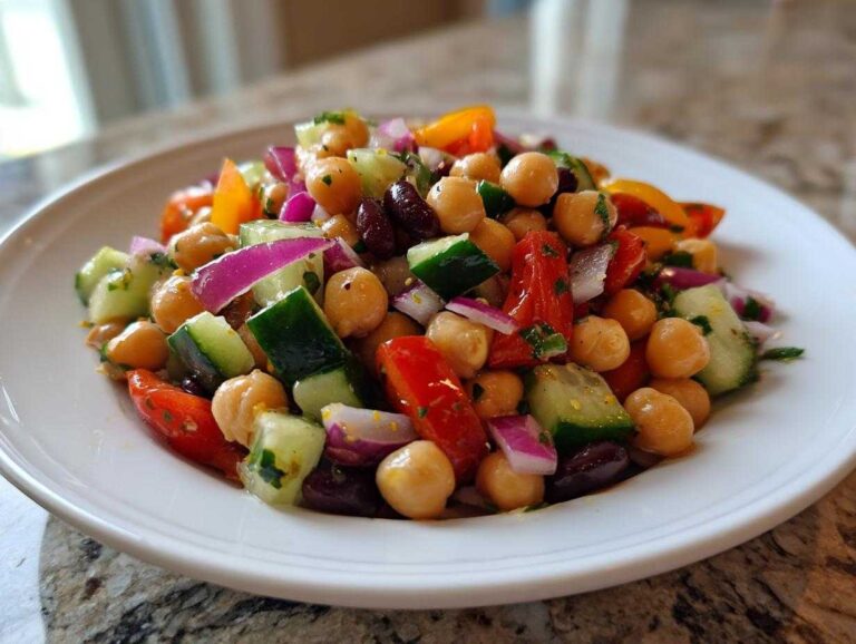 A vibrant serving of colorful bean salad featuring chickpeas, cucumber, red onion, and peppers on a white plate.