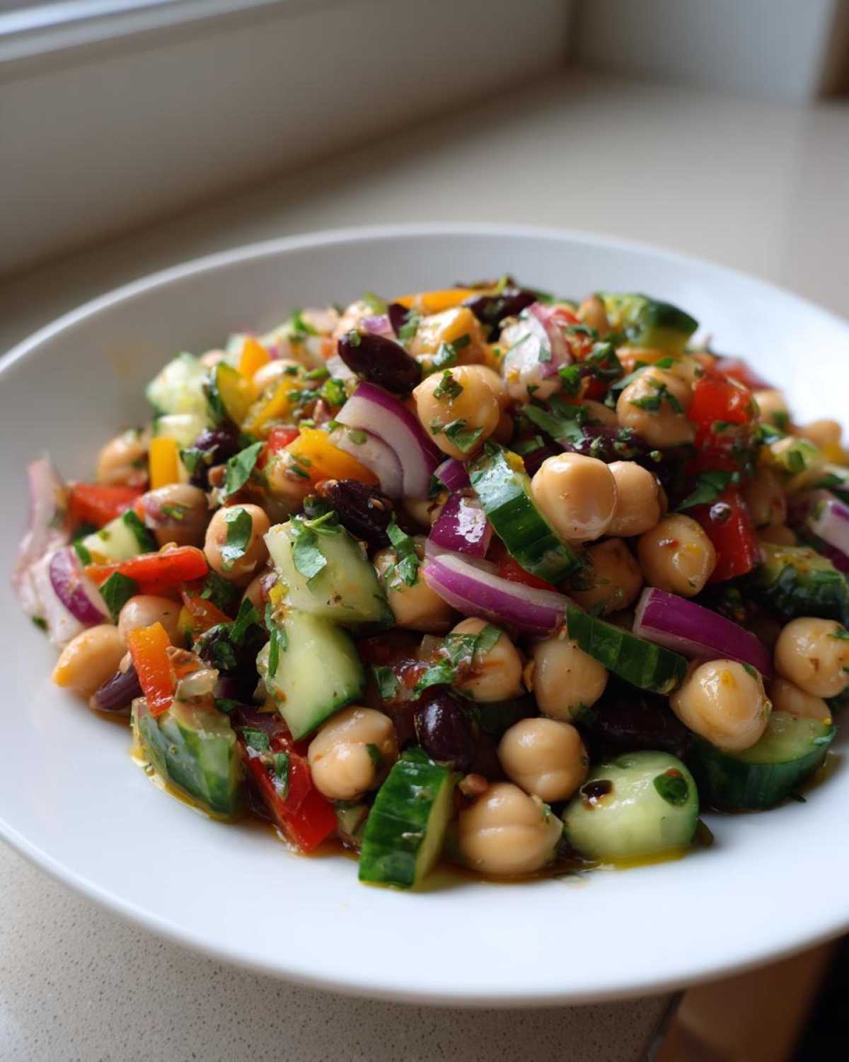 Close-up of a vibrant bean salad featuring chickpeas, cucumber chunks, red onion, and herbs in a white bowl.