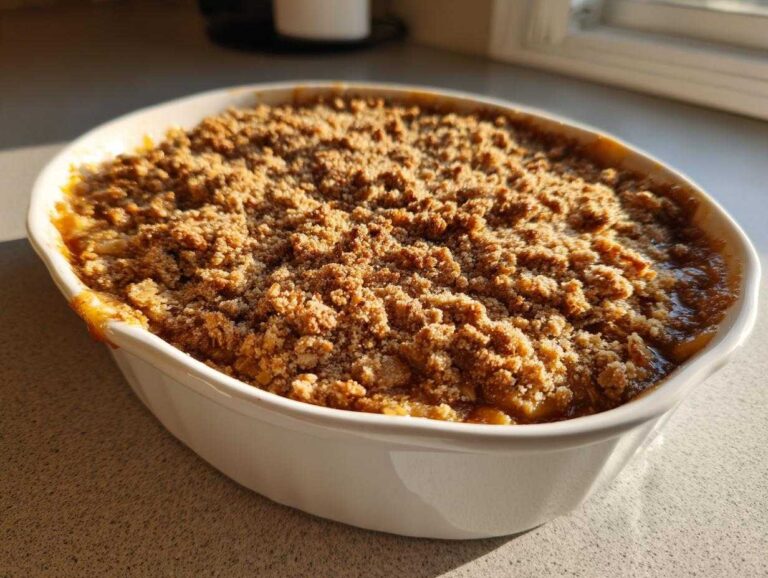 Close-up of a freshly baked apple crisp recipe with a golden, crunchy topping in a white oval baking dish.